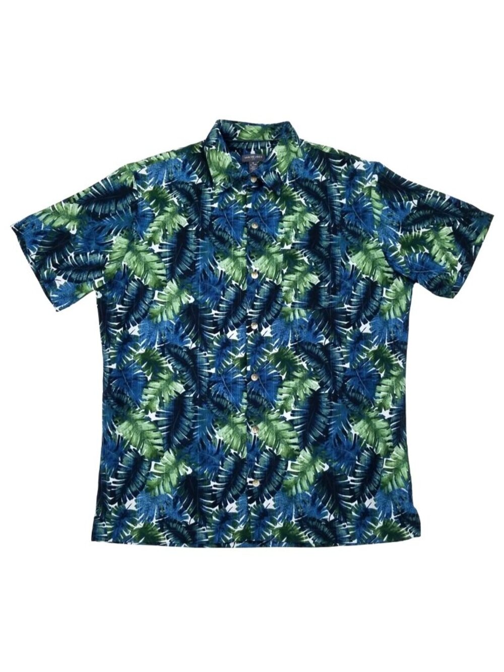 Van Heusen Air Blue & Green Palm Leaves Short Sleeve Button-Up Shirt - Size XL